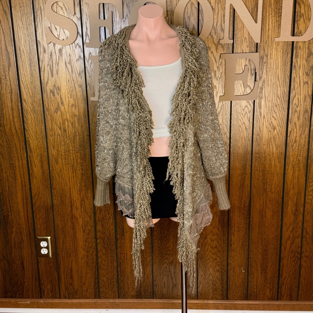 John Fashion Cardigan Sweater Womens L Taupe Shaggy Lace Trim Boho Cottagecore